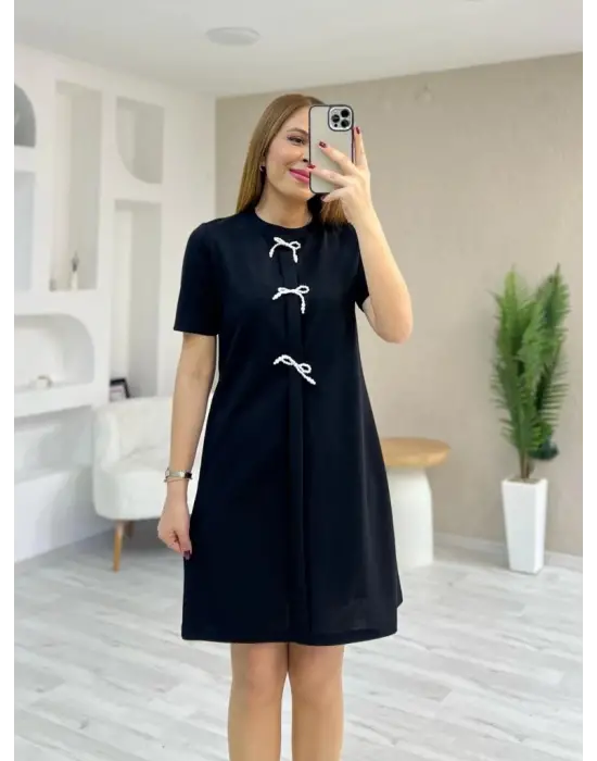Kadın Kısa Kollu Bisiklet Yaka önden Fiyonk Detaylı Ithal Krep Elbise