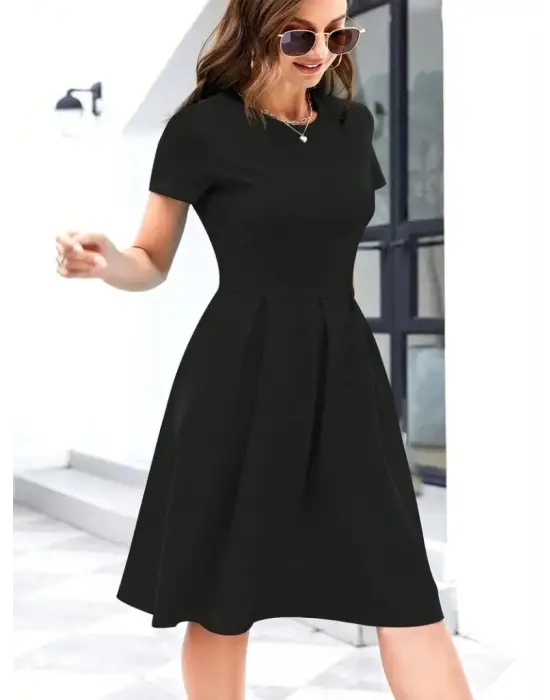 Kadın Kısa Kollu Bisiklet Yaka önden Pile Detaylı Janjan Krep Elbise