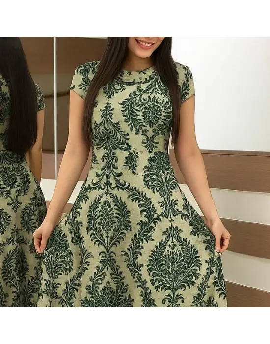 Kadın Kısa Kollu Bisiklet Yaka Puantiyeli Maksi örme Krep Elbise