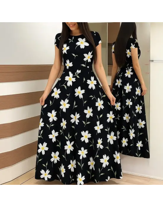 Kadın Kısa Kollu Bisiklet Yaka Puantiyeli Maksi örme Krep Elbise