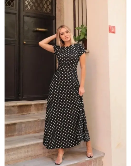 Kadın Kısa Kollu Bisiklet Yaka Puantiyeli Maksi örme Krep Elbise