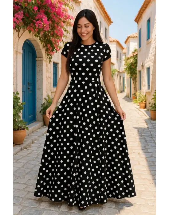 Kadın Kısa Kollu Bisiklet Yaka Puantiyeli Maksi örme Krep Elbise