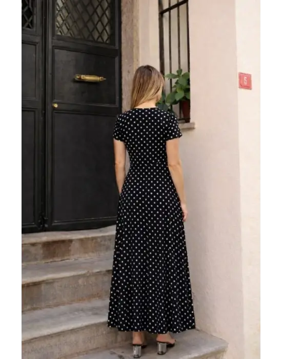 Kadın Kısa Kollu Bisiklet Yaka Puantiyeli Maksi örme Krep Elbise