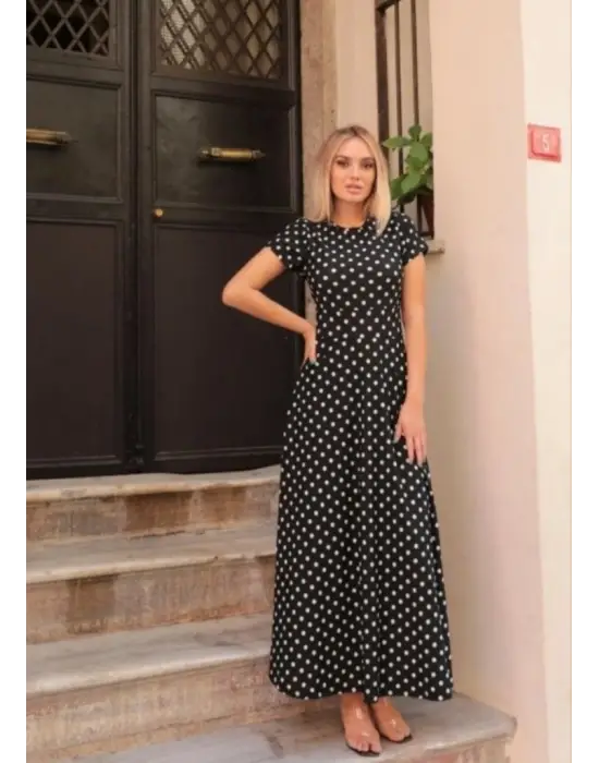 Kadın Kısa Kollu Bisiklet Yaka Puantiyeli Maksi örme Krep Elbise