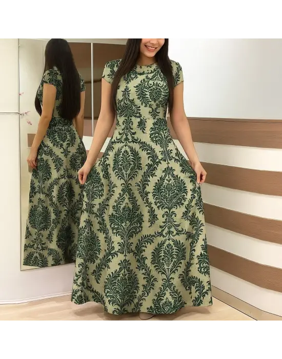 Kadın Kısa Kollu Bisiklet Yaka Puantiyeli Maksi örme Krep Elbise