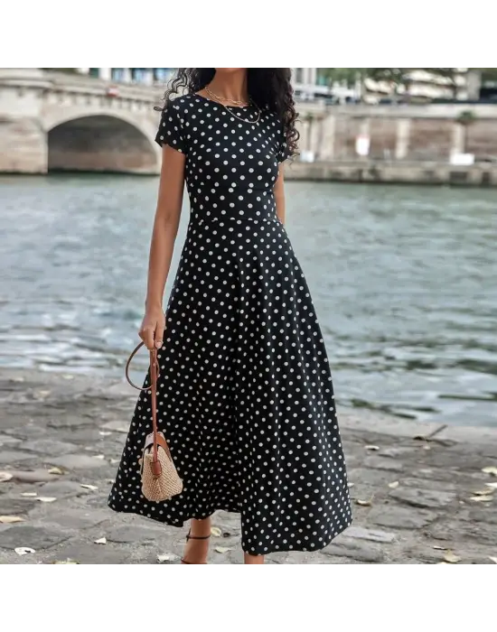 Kadın Kısa Kollu Bisiklet Yaka Puantiyeli Maksi örme Krep Elbise