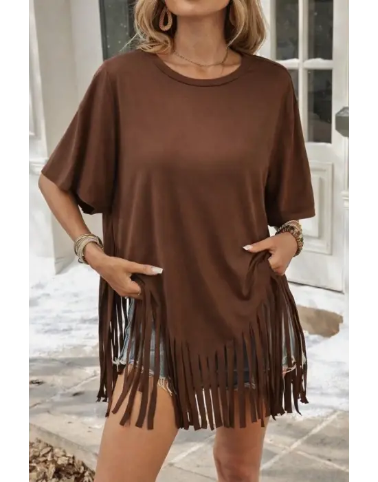 Kadın Kısa Kollu Bisiklet Yaka Püsküllü Viskon Bluz