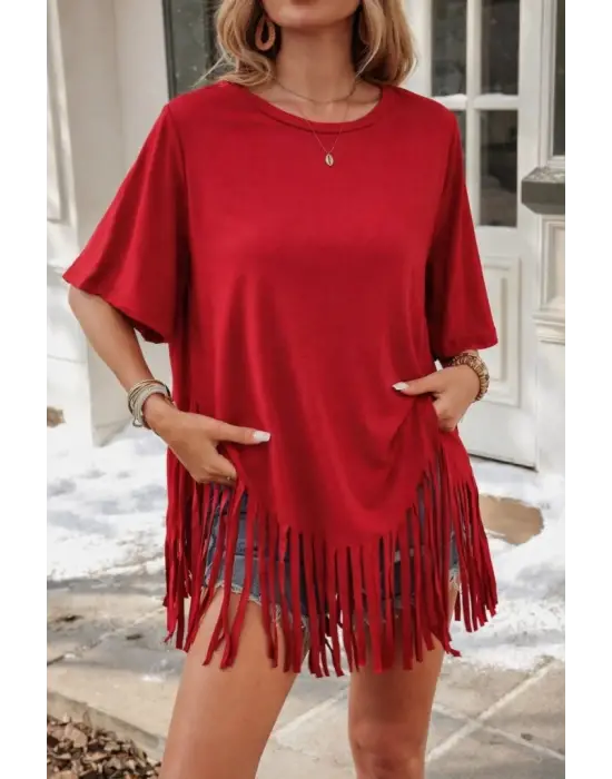 Kadın Kısa Kollu Bisiklet Yaka Püsküllü Viskon Bluz