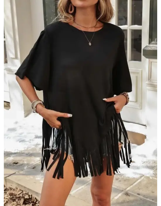 Kadın Kısa Kollu Bisiklet Yaka Püsküllü Viskon Bluz