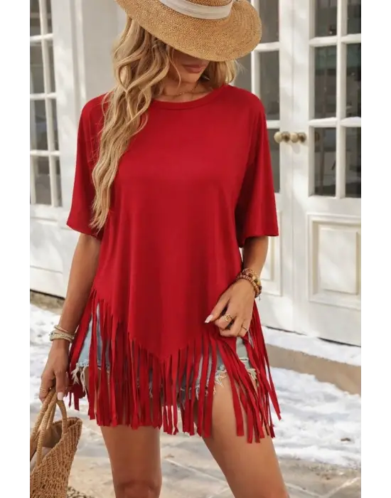 Kadın Kısa Kollu Bisiklet Yaka Püsküllü Viskon Bluz