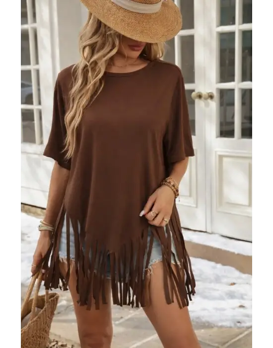 Kadın Kısa Kollu Bisiklet Yaka Püsküllü Viskon Bluz