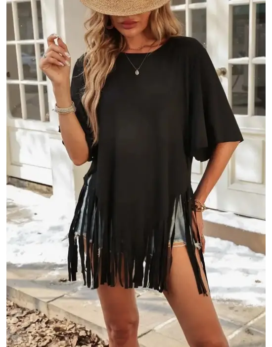 Kadın Kısa Kollu Bisiklet Yaka Püsküllü Viskon Bluz