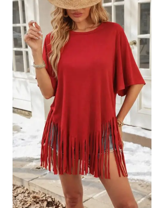 Kadın Kısa Kollu Bisiklet Yaka Püsküllü Viskon Bluz