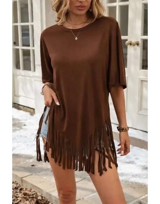 Kadın Kısa Kollu Bisiklet Yaka Püsküllü Viskon Bluz