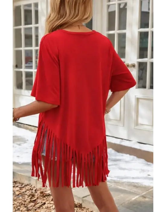 Kadın Kısa Kollu Bisiklet Yaka Püsküllü Viskon Bluz