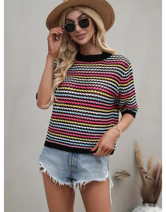 Kadın Kısa Kollu Bisiklet Yaka Renkli şerit Detaylı Triko Bluz