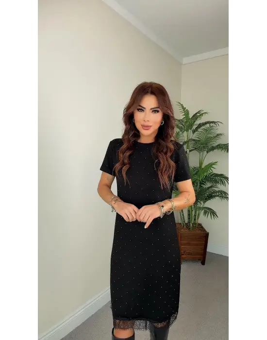 Kadın Kısa Kollu Bisiklet Yaka Taş Ve Dantel Detay Midi Boy Elbise