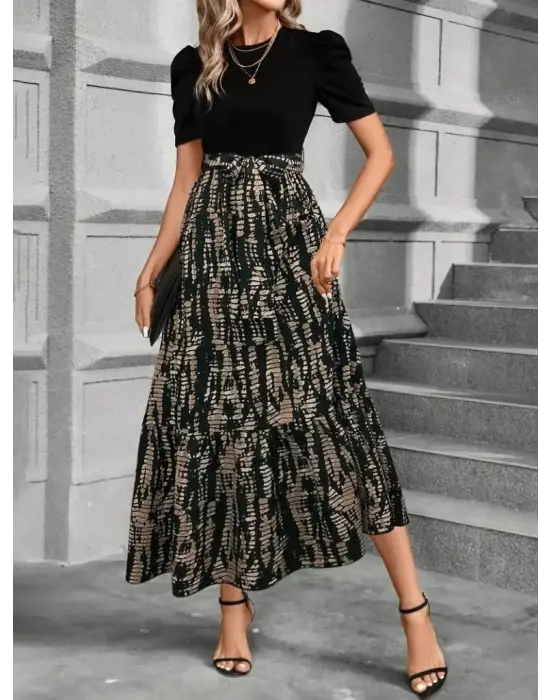 Kadın Kısa Kollu Bisiklet Yaka üst Ithal Krep Alt Süprem Maksi Boy Elbise