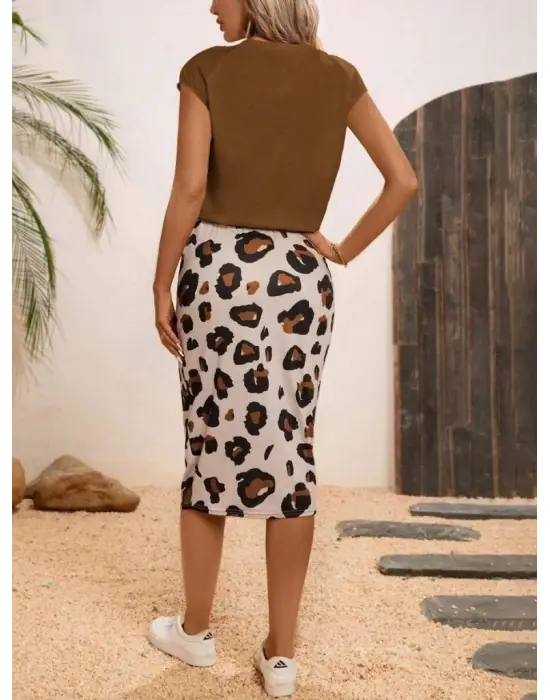 Kadın Kısa Kollu Bisiklet Yaka Viskon Bluz Desenli Dalgıç Etek Ikili Takım