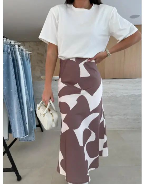 Kadın Kısa Kollu Bisiklet Yaka Viskon Bluz Ve Desenli Süprem Etek Ikili Takım