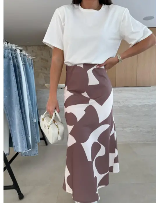 Omarı Desenli Bluz ve Etek Takımı