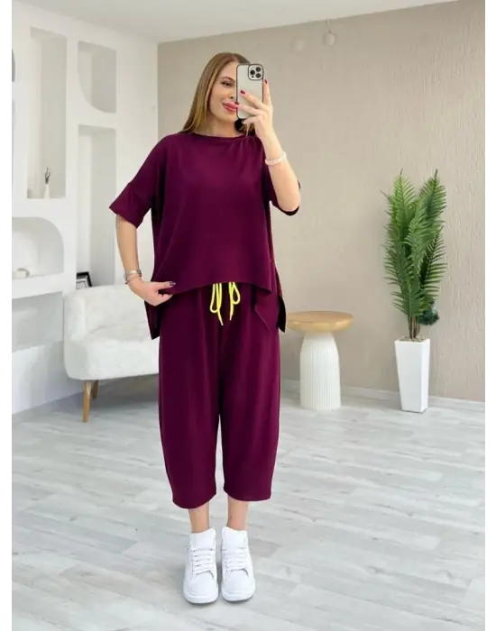 Kadın Kısa Kollu Bisiklet Yaka Viskon Iki Iplik Bluz Ve Pantolon Ikili Takım