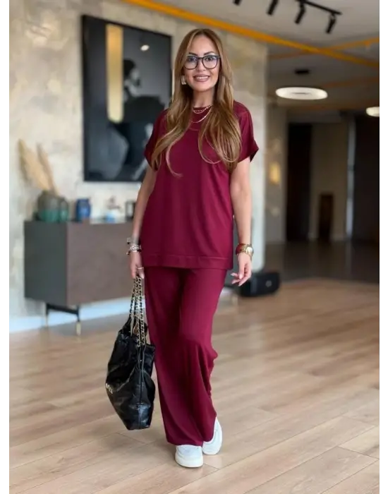 Kadın Kısa Kollu Bisiklet Yaka Viskon Iki Iplik Bluz Ve Pantolon Ikili Takım