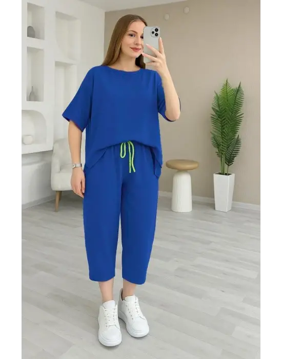 Kadın Kısa Kollu Bisiklet Yaka Viskon Iki Iplik Bluz Ve Pantolon Ikili Takım