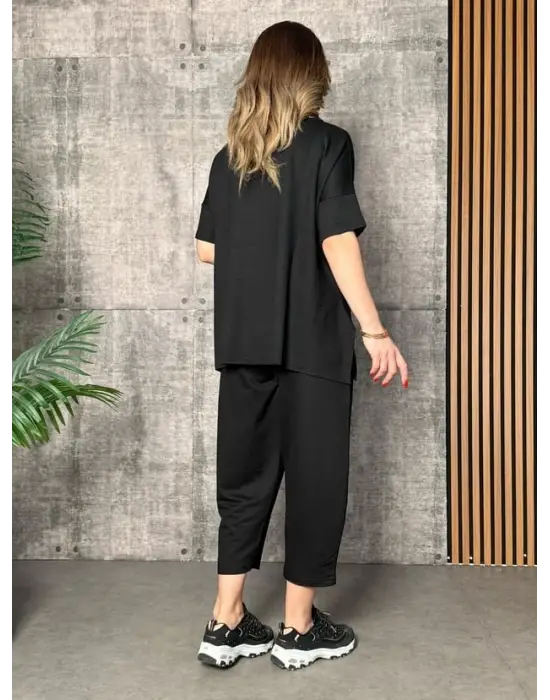 Kadın Kısa Kollu Bisiklet Yaka Viskon Iki Iplik Bluz Ve Pantolon Ikili Takım