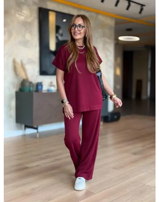 Kadın Kısa Kollu Bisiklet Yaka Viskon Iki Iplik Bluz Ve Pantolon Ikili Takım