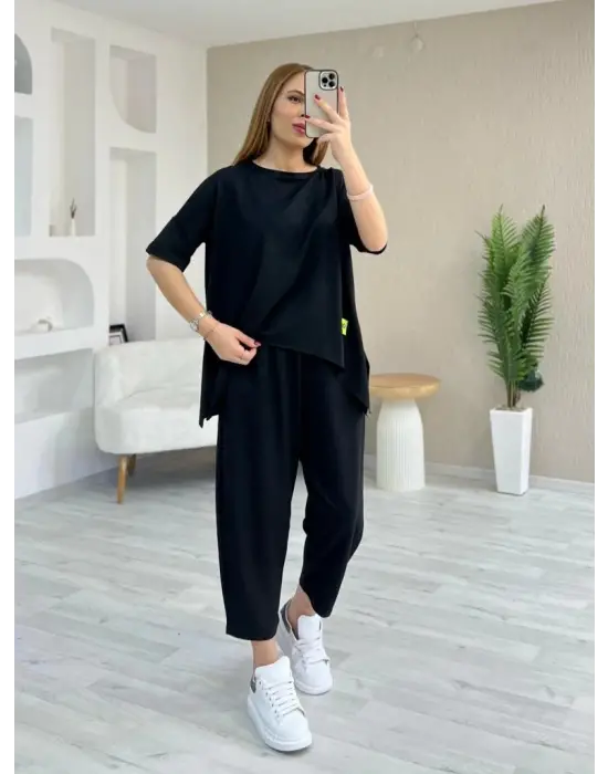 Kadın Kısa Kollu Bisiklet Yaka Viskon Iki Iplik Bluz Ve Pantolon Ikili Takım