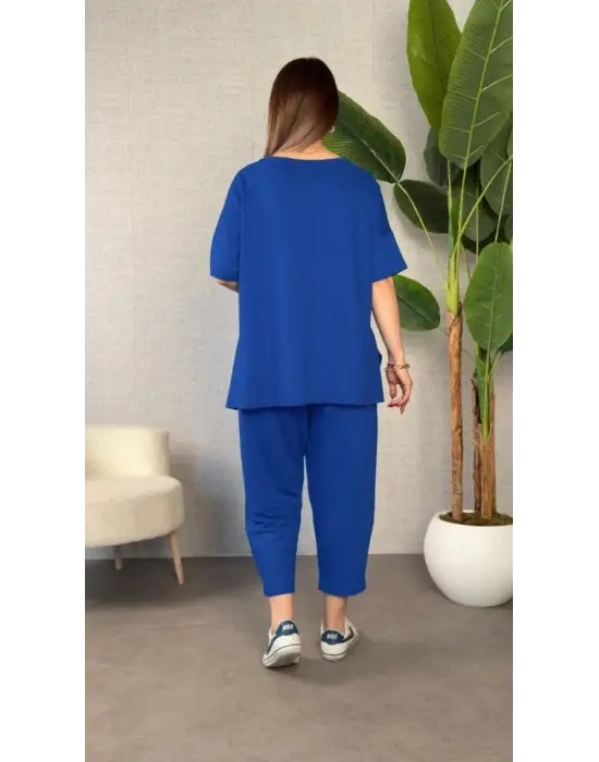 Kadın Kısa Kollu Bisiklet Yaka Viskon Iki Iplik Bluz Ve Pantolon Ikili Takım