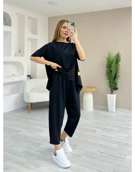 Kadın Kısa Kollu Bisiklet Yaka Viskon Iki Iplik Bluz Ve Pantolon Ikili Takım