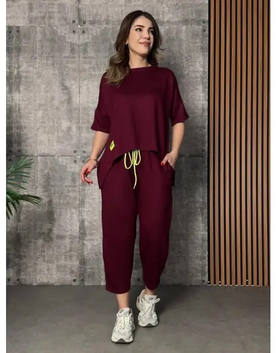 Kadın Kısa Kollu Bisiklet Yaka Viskon Iki Iplik Bluz Ve Pantolon Ikili Takım