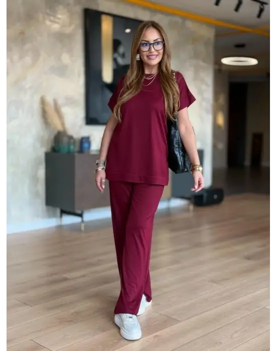 Kadın Kısa Kollu Bisiklet Yaka Viskon Iki Iplik Bluz Ve Pantolon Ikili Takım