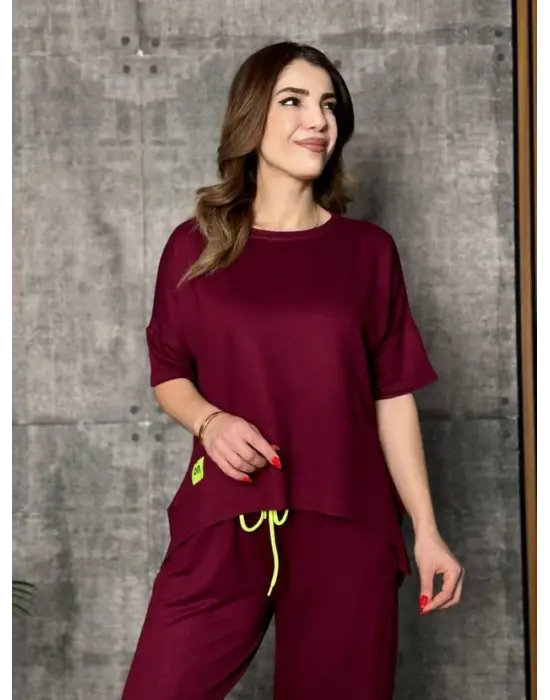 Kadın Kısa Kollu Bisiklet Yaka Viskon Iki Iplik Bluz Ve Pantolon Ikili Takım