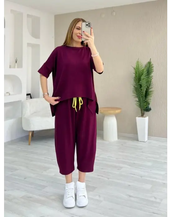 Kadın Kısa Kollu Bisiklet Yaka Viskon Iki Iplik Bluz Ve Pantolon Ikili Takım