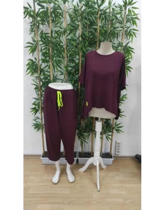 Kadın Kısa Kollu Bisiklet Yaka Viskon Iki Iplik Bluz Ve Pantolon Ikili Takım