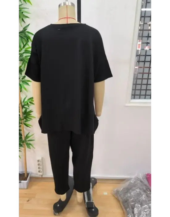 Kadın Kısa Kollu Bisiklet Yaka Viskon Iki Iplik Bluz Ve Pantolon Ikili Takım