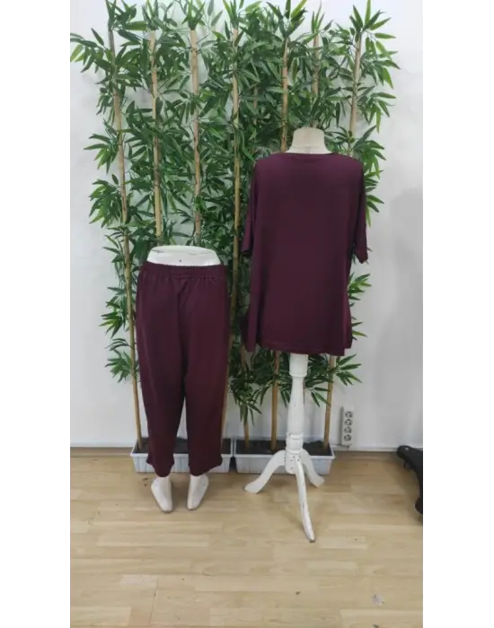 Kadın Kısa Kollu Bisiklet Yaka Viskon Iki Iplik Bluz Ve Pantolon Ikili Takım