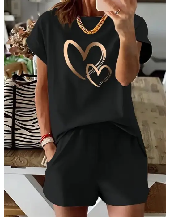 Kadın Kısa Kollu Bisiklet Yaka Viskon Iki Iplik Bluz Ve Short Ikili Takım