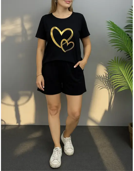 Kadın Kısa Kollu Bisiklet Yaka Viskon Iki Iplik Bluz Ve Short Ikili Takım