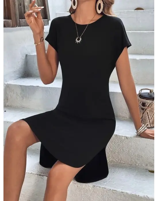 Kadın Kısa Kollu Bisiklet Yaka Viskon Iki Iplik Elbise
