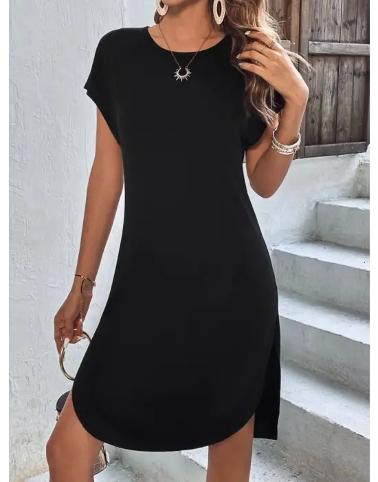 Kadın Kısa Kollu Bisiklet Yaka Viskon Iki Iplik Elbise