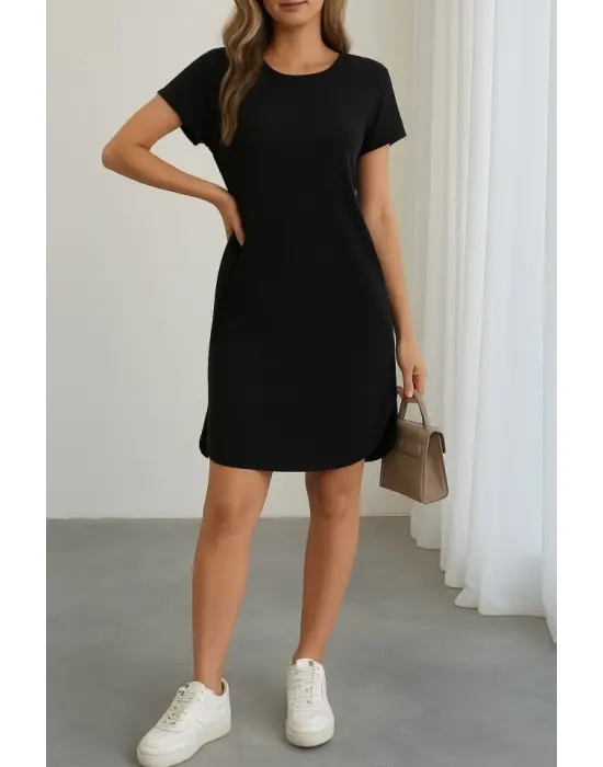 Kadın Kısa Kollu Bisiklet Yaka Viskon Iki Iplik Elbise
