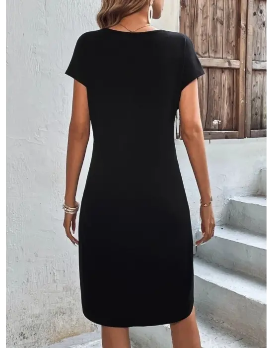Kadın Kısa Kollu Bisiklet Yaka Viskon Iki Iplik Elbise
