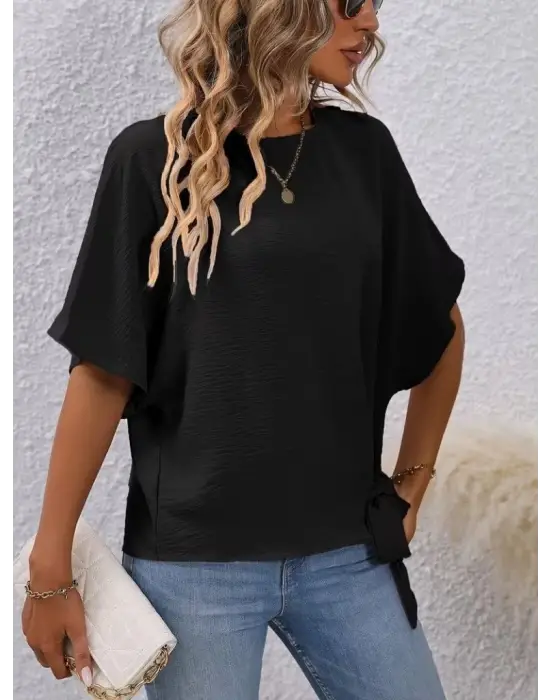 Kadın Kısa Kollu Bisiklet Yaka Yandan Bağcıklı Aerobin Bluz