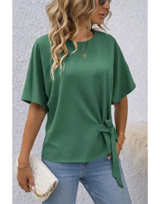Kadın Kısa Kollu Bisiklet Yaka Yandan Bağcıklı Aerobin Bluz