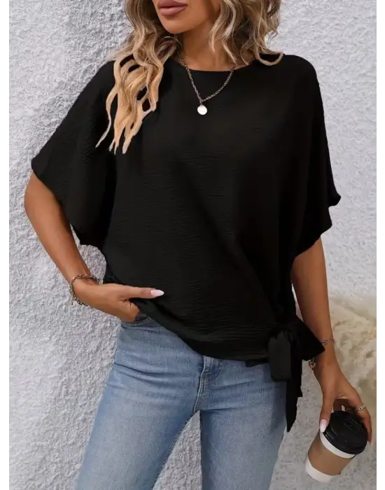 Kadın Kısa Kollu Bisiklet Yaka Yandan Bağcıklı Aerobin Bluz