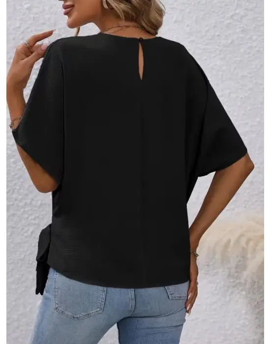 Kadın Kısa Kollu Bisiklet Yaka Yandan Bağcıklı Aerobin Bluz